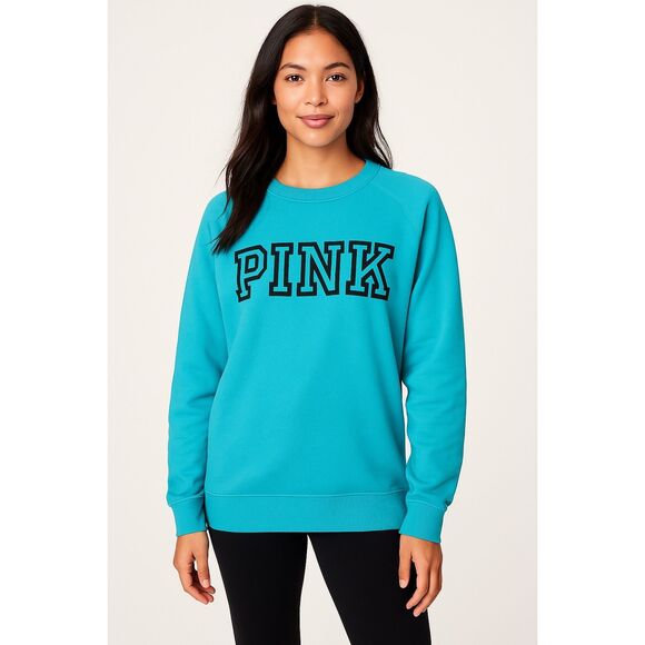 VICTORIA’S SECRET PINK Women’s Sweatshirt Medium Blue Black Crewneck Pullover - Picture 1 of 11